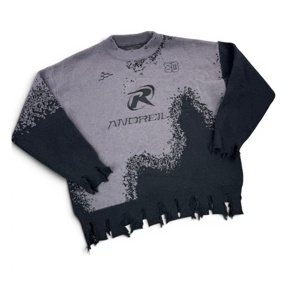 Andreil Other - Andreil Distressed Knit Sweater Gray Black Streetwear Graphic Crewneck Large